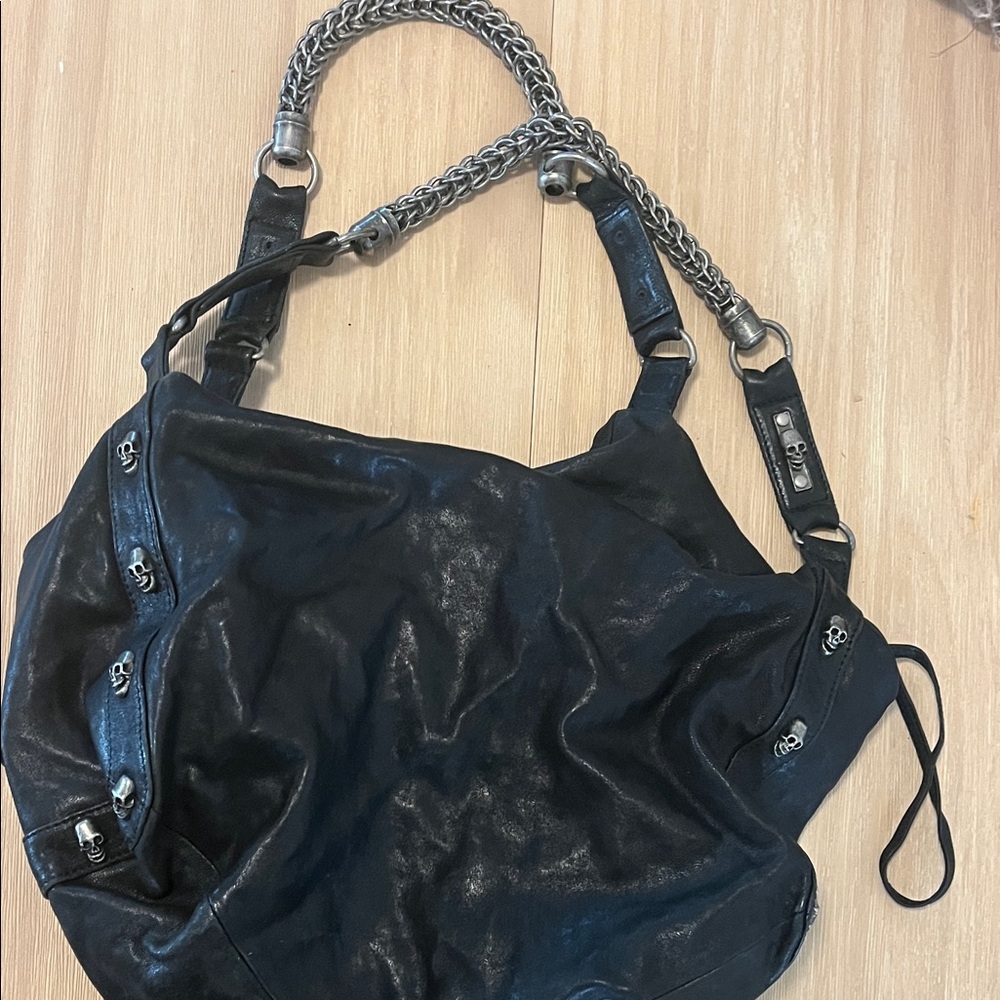 Thomas Wylde Black Leather Shoulder Bag with Silver Chain